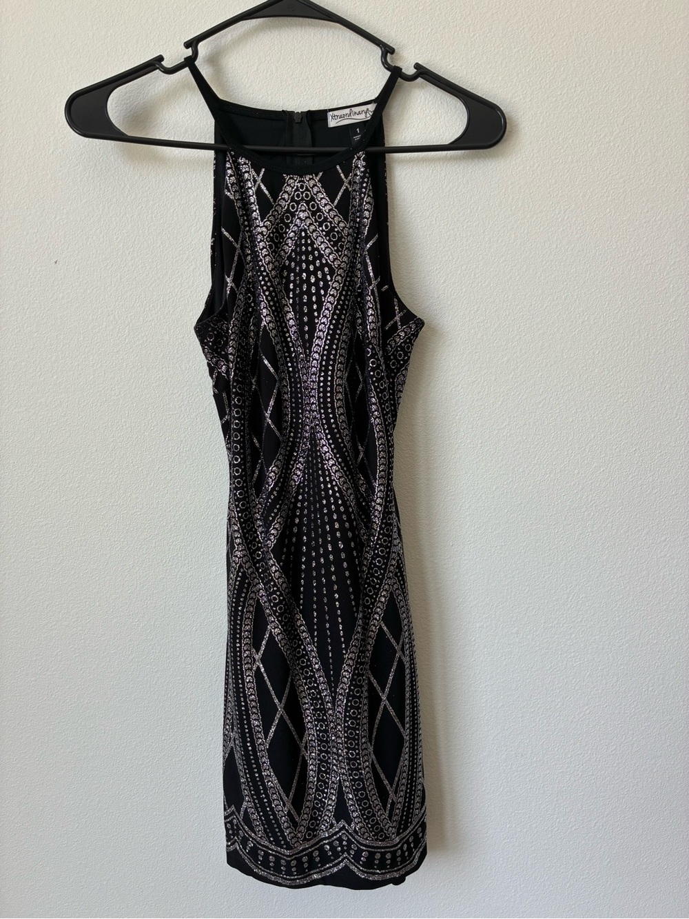 Xtraordinary Y2K Black Silver Glitter Open Back Bodycon Dress Size 1